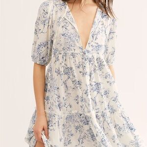 Free People Someday Somewhere Top/ Dress Women’s Size S Maxi White Blue Printed